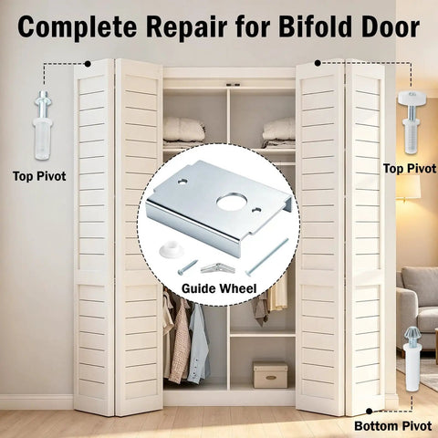 Kick The Wobble Out Of Your Closets With This Heavy Duty Bifold Door Repair Kit featuring top pivot, guide wheel, and bottom pivot.