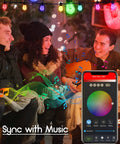 People enjoying outdoor solar string lights 48 ft waterproof dimmable with timer Bluetooth app and remote, 20 scene color modes.