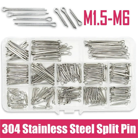 304 Stainless Steel Cotter Pin Set Kit With M1.5 To M6 Sizes, visible pins in storage case, for heavy duty machinery and auto projects