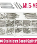 Stainless Steel Cotter Pin Set, 3-Box Assortment M1.5 To M6 With Whistle Hairpin And U Pin Styles in plastic organizer box