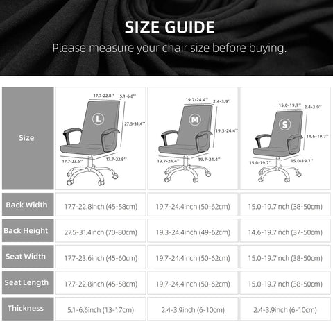Size guide for Waterproof Stretch Office Chair Cover With Durable Zipper Washable Removable Spandex Slipcover For Desk Chairs Dustproof Soft Seat Protector For Dogs And Cats Universal Fit Easy Clean, showing dimensions for L, M, S sizes.