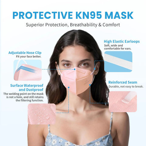 Woman wearing pink KN95 Face Mask 50 Pack, 5 Ply Breathable Pink Masks with adjustable nose clip and elastic ear loops.
