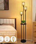 Boho Floor Lamp With Shelves And Three Lights, Farmhouse Tall Rustic Standing Lamp With Rattan Shades in a bedroom.
