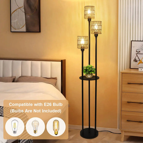 Boho Floor Lamp With Shelves And Three Lights, Farmhouse Tall Rustic Standing Lamp With Rattan Shades in a bedroom.