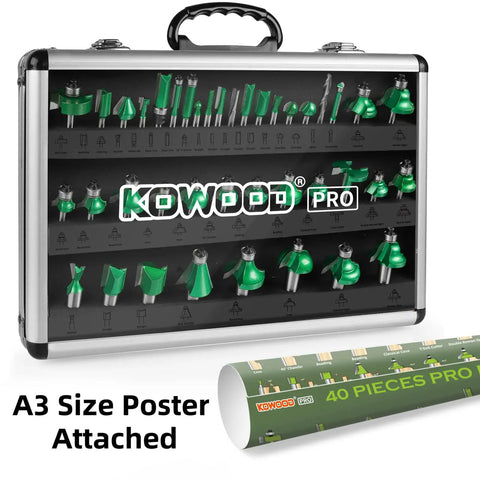 Pro Router Bit Set 40-Piece Carbide Bits For Woodworking 1/4 Inch And 1/2 Inch Shanks in case with A3 poster
