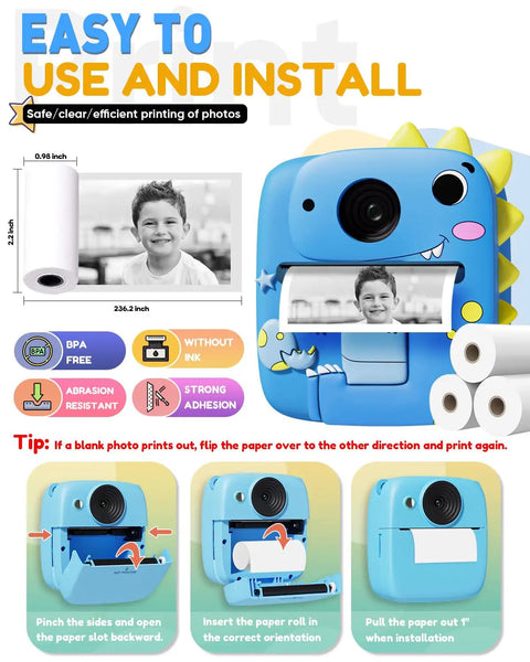 Kids Camera With Dinosaur Silicone Case 1080P Toddler Digital Camera For Boys And Girls Ages 3 To 8 With Instant Photo Printing And 3 Roll Print Paper Blue Fun Toy, blue instant print camera with paper rolls