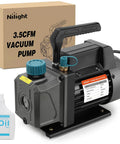 Heavy Duty 3.5 CfM 1/4 HP 110V Single Stage HVAC AC Vacuum Pump Kit With Premium All Copper Motor beside oil bottle and box.