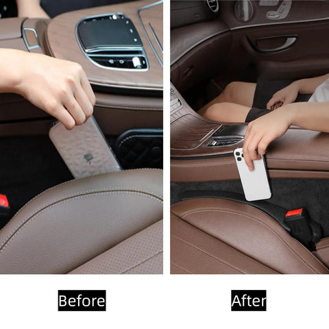 Universal Pu Leather Car Seat Gap Filler 2 Pack Console Crevice Blocker in use preventing phone from falling into seat gap.