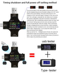 2 In 1 USB C Tester With Color Screen IPS Digital Multimeter showing shutdown settings and clip cable included
