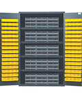 Heavy Duty Specialty Storage Cabinet Featuring Fifteen Secure Card Slots And One Hundred Twenty Eight Organized Bins In Sleek Grey, with yellow bins and grey slots visible.