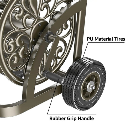 Close-up of Mobile Hose Reel Cart With Wheels Holds Up To 200 Feet Of Five Eighth Inch Hose Heavy Duty Steel Frame With Storage Basket.