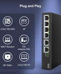 6-Port 10G and 2.5G Ethernet Switch With Dual 10GBASE-T Ports, network compatibility icons, standing upright on blue background