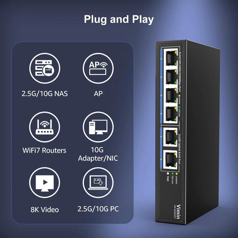 6-Port 10G and 2.5G Ethernet Switch With Dual 10GBASE-T Ports, network compatibility icons, standing upright on blue background