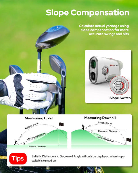 GF2 Golf Rangefinder With Slope And Flag Lock And Vibration 1300 Yards Laser Range Finder 7.5X Magnification 0.3 Yard Accuracy Rechargeable Magnetic Mount Type C Charging Gift For Men And Women showing slope compensation screen