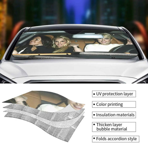 Funny Windshield Sun Shade For Cars Keeps Your Ride Cool Blocks UV Rays Waterproof Polyester With Bubble Aluminum Film showing design.
