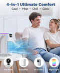 Couple enjoying cool air from 4 In 1 Personal Portable AC Cooler With Ice Water Mist, Evaporative Mini Swamp Fan on nightstand.