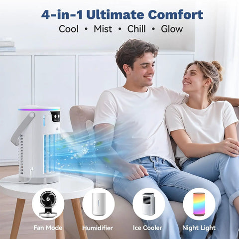Couple enjoying cool air from 4 In 1 Personal Portable AC Cooler With Ice Water Mist, Evaporative Mini Swamp Fan on nightstand.