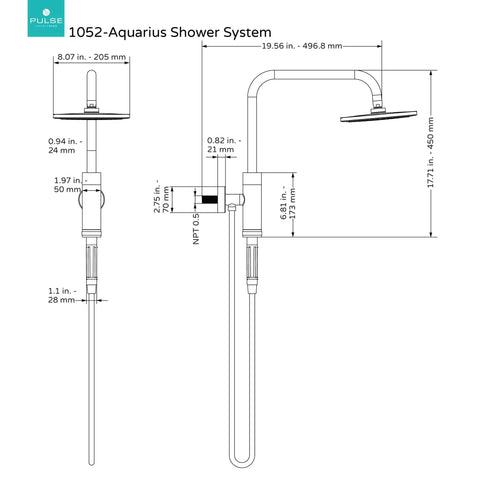 Technical drawing of All In One Rain Shower Head With Handheld Spray Brushed Nickel 8 Inch Rain Head and Magnetic Handheld Sprayer