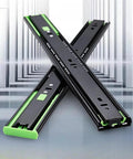 Two Pack Drawer Slides 10 To 16 Inch, Smooth Glide Cabinet Runners, black metal, green ends, crossed position, modern background.