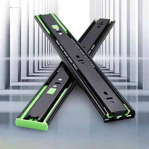 Two Pack Drawer Slides 10 To 16 Inch, Smooth Glide Cabinet Runners, black metal, green ends, crossed position, modern background.