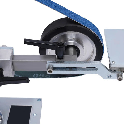 Close-up of Top Shelf Desktop Belt Sander With Brushless Motor Adjustable Angled Worktable showing sanding belt and rollers.