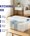 Super Sized 66 Quart Clear Plastic Storage Bins With Lids Stackable Heavy Duty Totes For Clothes Blankets Off Season Gear No Sweat Home Organization Game Changer, showcasing a clear bin with a blue lid on a table.