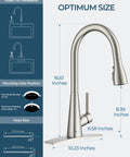 Slick High Arc Kitchen Faucet With Pull Down Sprayer In Brushed Nickel Finish featuring dimensions and installation details.