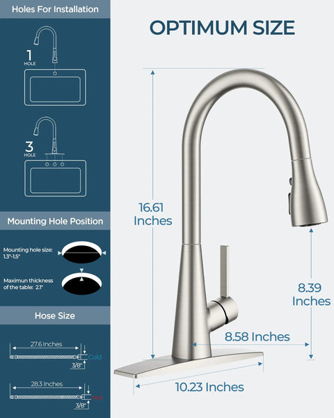 Slick High Arc Kitchen Faucet With Pull Down Sprayer In Brushed Nickel Finish featuring dimensions and installation details.