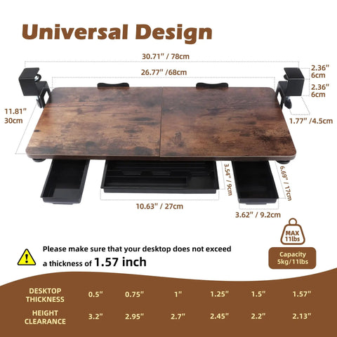 Under Desk Keyboard Tray With Storage Drawer, Heavy Duty Clamp Mount, 26.77 Inch Wide, Mahogany Finish, product dimensions
