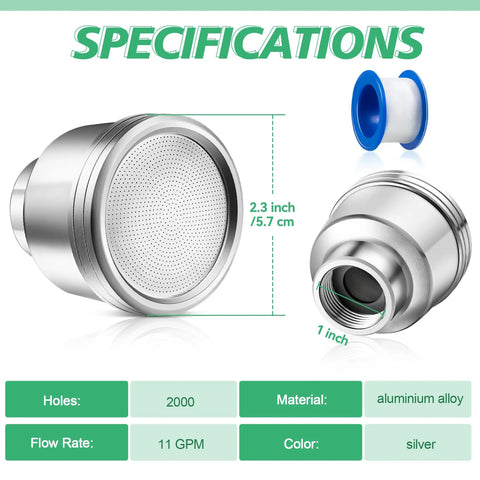 Aluminum Three Quarter Inch Water Nozzle With 2000 Tiny Holes Delivers Gentle Mist And High Flow For Low-Pressure High-Volume Garden Spraying PTFE Tape Ready Fits Standard Hose Ideal For Flowers Plants Greenhouses Nurseries And Container Beds, shown with PTFE tape and specifications.