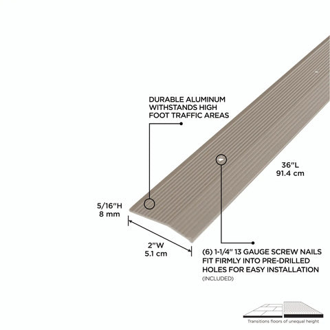 Diagram of 2in x 36in pewter aluminum carpet trim with pre-drilled holes, includes screw nails for easy install, durable for high traffic.