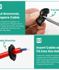 Step-by-step image showing how to use 170 Piece Rubber Grommet Kit With Seven Size Waterproof Grommets For Cable Protection.