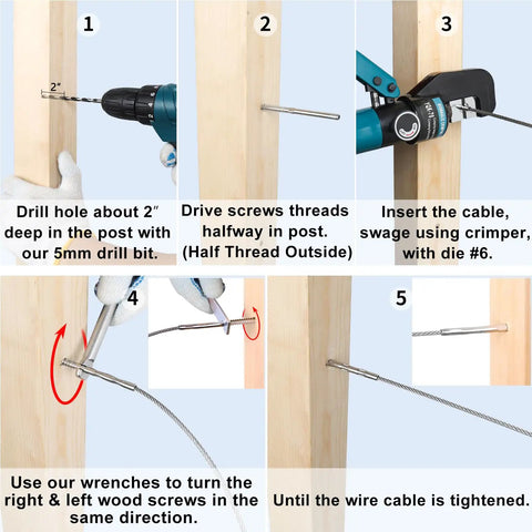 Installation steps for Stainless Steel T316 Swage Lag Screws For Wood Posts One Eighth Inch Deck Railing Kit 60 Pack with tools.