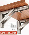 Heavy Duty Stainless Steel Folding Shelf Brackets Collapsible Wall Mount L Table Hinges with screws, wood shelf attached