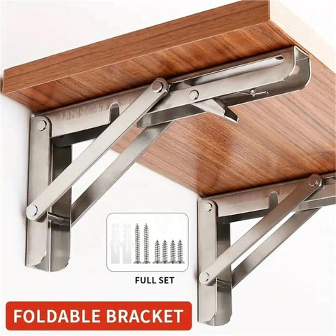 Heavy Duty Stainless Steel Folding Shelf Brackets Collapsible Wall Mount L Table Hinges with screws, wood shelf attached