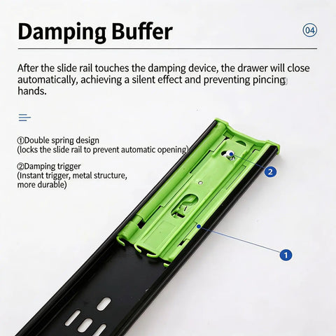 Damping buffer detail of Smooth As Butter 16 Inch Push To Open Auto Rebound Soft Close Drawer Slides with green components