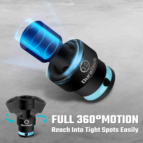 3/8 Inch Drive Impact Swivel Socket Set With 14 Shallow Wobble Sockets SAE And Metric In One Kit Heavy Duty Chrome Molybdenum Construction For Tough Jobs, 360° swivel socket