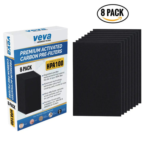 8 Pack Carbon Pre Filters for HPA100 Series Air Purifiers Save Money with box and stack of filters