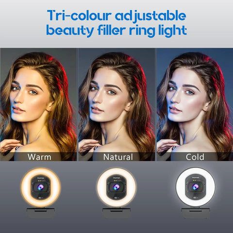 Next Level 4K Webcam With Adjustable Ring Light And Crisp Built In Microphone For Live Streaming in warm, natural, and cold light settings.