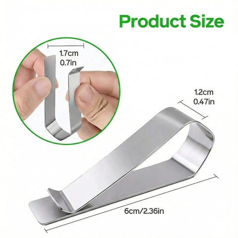 Six Pack Premium Stainless Steel Clips With 3M Adhesive for DIY Car Sun Visor Mounts, product size detail with dimensions.