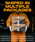 Person holding two boxes labeled 'Kmesonoxian' with text 'Shipped in Multiple Packages' in a warehouse setting.