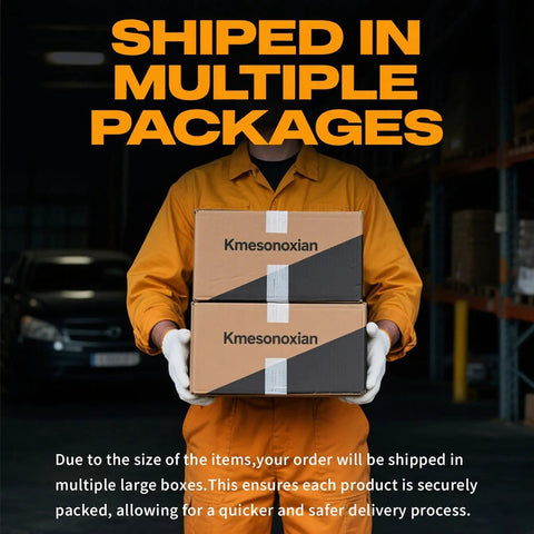 Worker holding two large shipment boxes labeled Kmesonoxian in a warehouse setting.