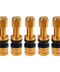 Tubeless Metal Clamp In Valve Stems 5 Piece Set For 0.453 Inch Rim Holes Outer Mount Aluminum Alloy Replacement Tire Valves Universal Car Valve Stems Easy Install Gold, gold aluminum alloy valve stems in a row