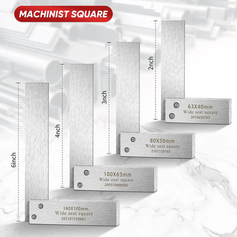 Machinist Square Set 2 Inch 3 Inch 4 Inch and 6 Inch Squares High Precision Steel 90 Degree L Type Bench Tool with Wide Base