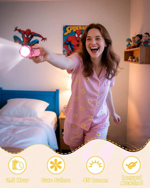 Woman in pink pajamas holding a pink mini LED flashlight in a bedroom, showcasing fun colors and 45 lumens, Four Pack High Power Glow In Dark Mini LED Flashlights Aluminum Body Impact Resistant Portable Emergency Lamp Gift For Outdoor Adventures Hella Bright And Tough Enough For Daily Grind Use.