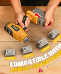 Cordless Heat Gun 20V Battery Compatible, showing compatibility with Dewalt 20V batteries, tool only, no battery included