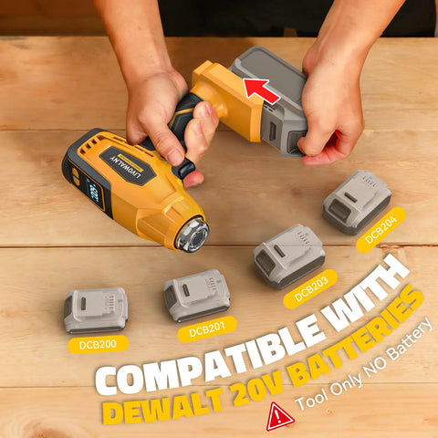 Cordless Heat Gun 20V Battery Compatible, showing compatibility with Dewalt 20V batteries, tool only, no battery included