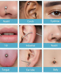 9 images showing different piercings: nostril, conch, eyebrow, lip, industrial, tongue, ear lobe, and belly with various jewelry.
