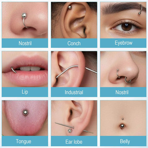 9 images showing different piercings: nostril, conch, eyebrow, lip, industrial, tongue, ear lobe, and belly with various jewelry.
