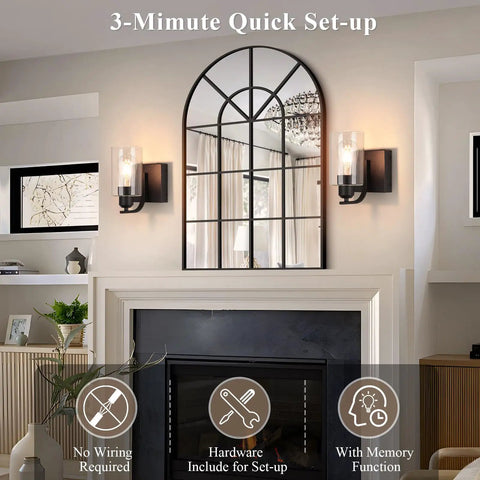 Set Of Two 8 Inch Battery Wall Sconces With Clear Glass, Farmhouse Indoor Lighting, 4000k Neutral White, Rechargeable Remote Dimmable Fixtures, All Day Glow And Zero Wiring Hustle For Bathroom Or Bedroom, mounted beside a mirror.